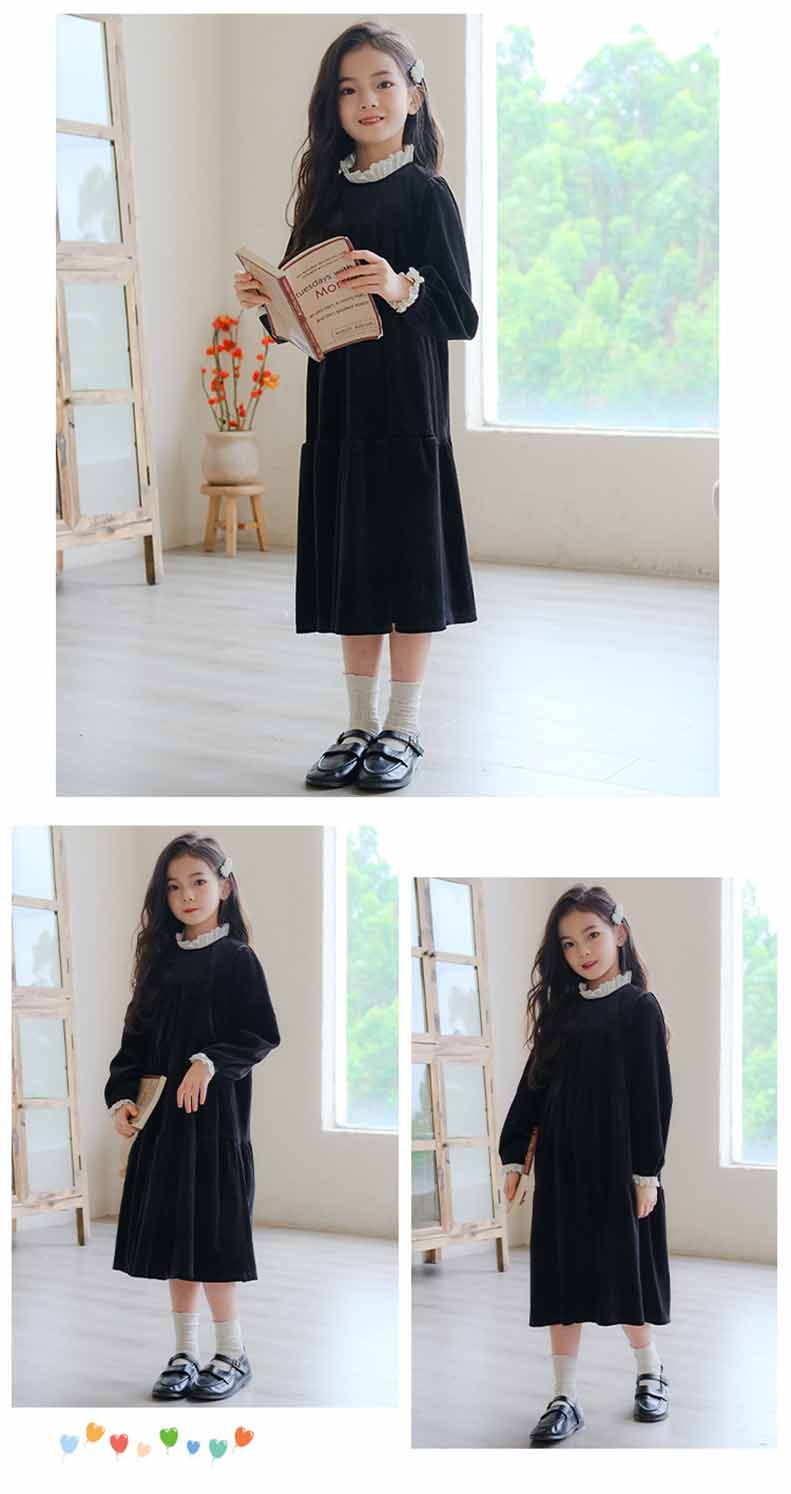 白襟長袖リラックスワンピースコットンキッズ ガールズ 女の子 女児 子供子供服120CM 130CM シンプル 140CM 冬 秋 ナチュラル 通学ゆったり 150CM 膝下丈 