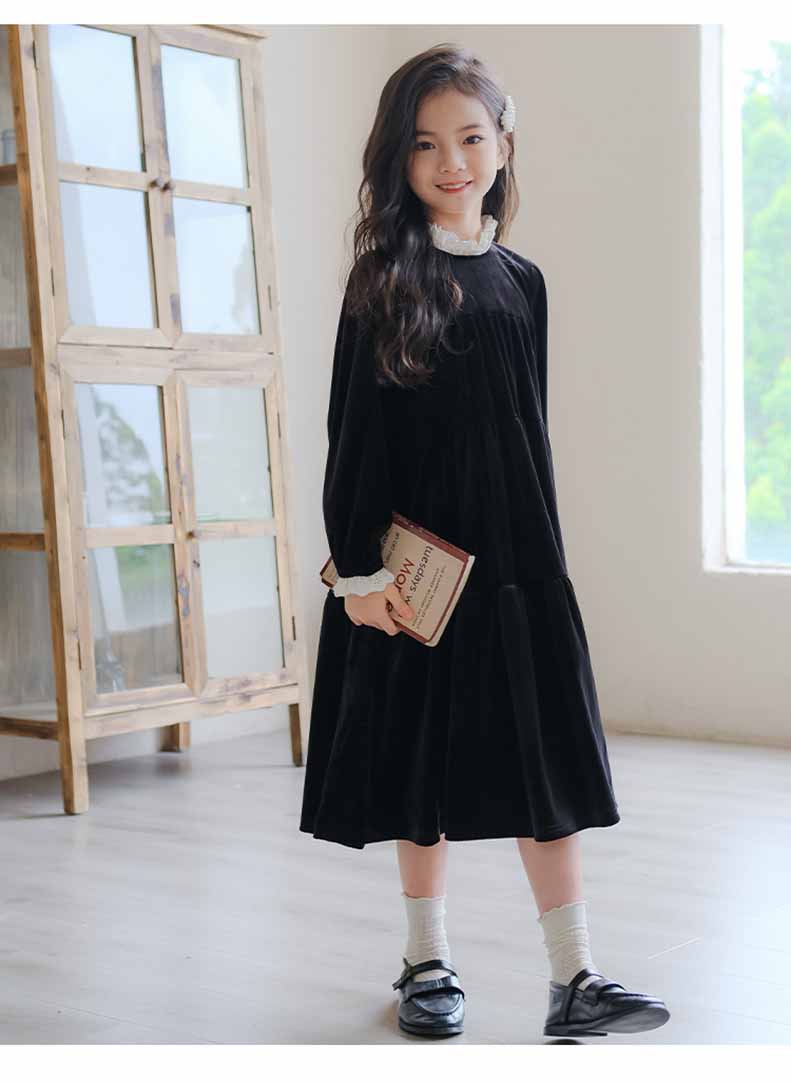 白襟長袖リラックスワンピースコットンキッズ ガールズ 女の子 女児 子供子供服120CM 130CM シンプル 140CM 冬 秋 ナチュラル 通学ゆったり 150CM 膝下丈 
