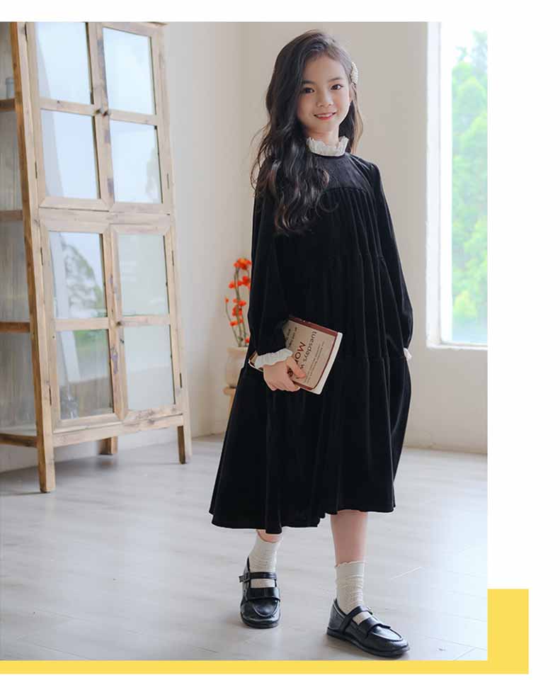 白襟長袖リラックスワンピースコットンキッズ ガールズ 女の子 女児 子供子供服120CM 130CM シンプル 140CM 冬 秋 ナチュラル 通学ゆったり 150CM 膝下丈 