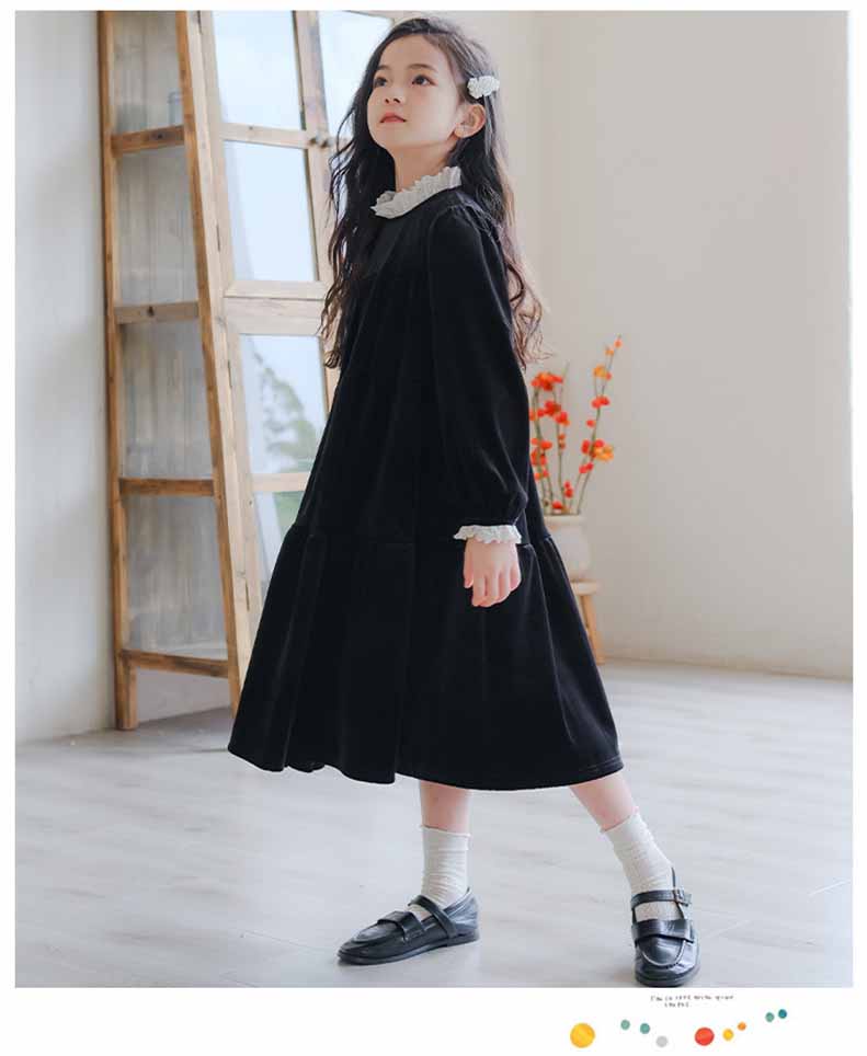 白襟長袖リラックスワンピースコットンキッズ ガールズ 女の子 女児 子供子供服120CM 130CM シンプル 140CM 冬 秋 ナチュラル 通学ゆったり 150CM 膝下丈 