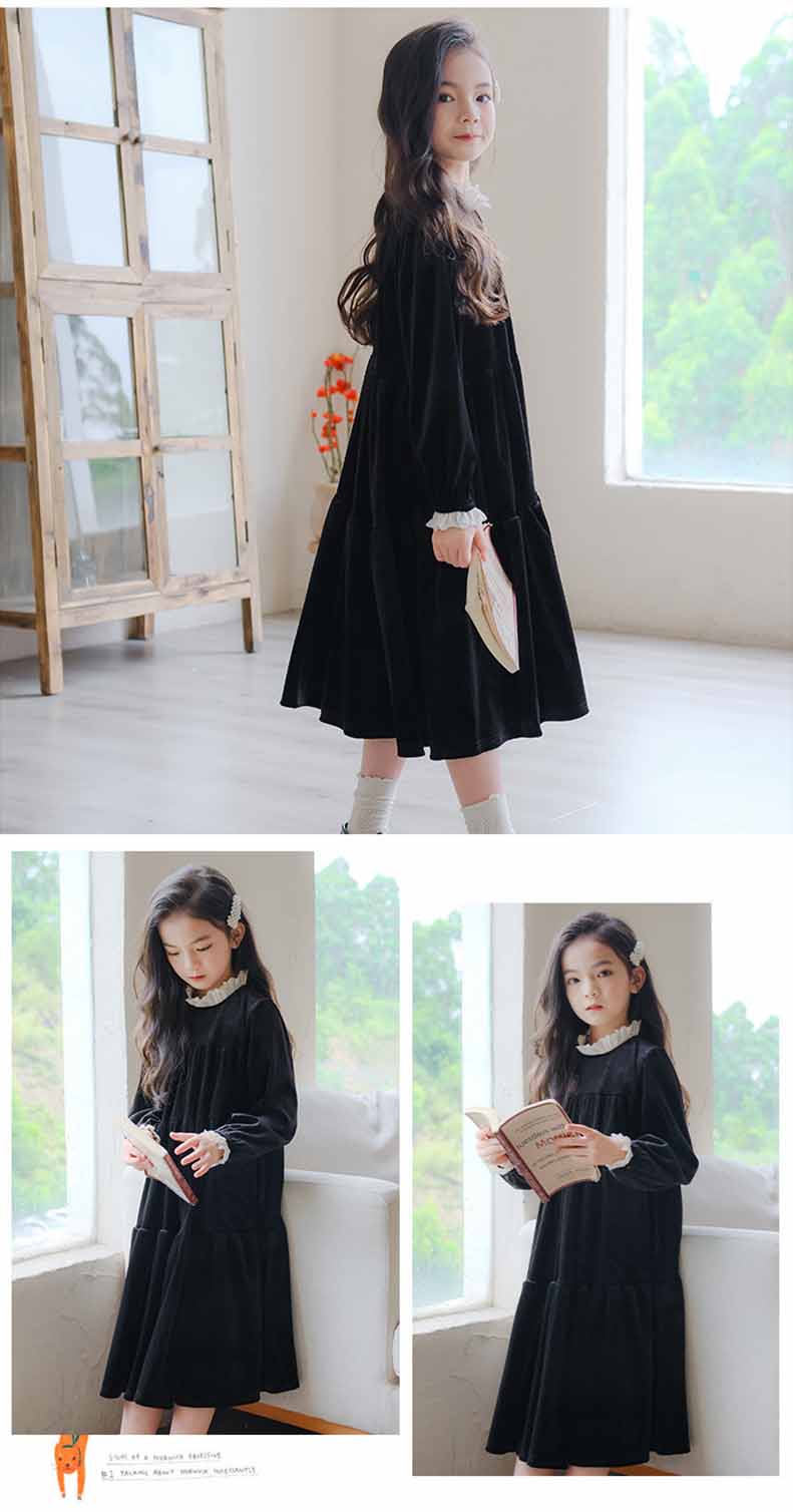 白襟長袖リラックスワンピースコットンキッズ ガールズ 女の子 女児 子供子供服120CM 130CM シンプル 140CM 冬 秋 ナチュラル 通学ゆったり 150CM 膝下丈 