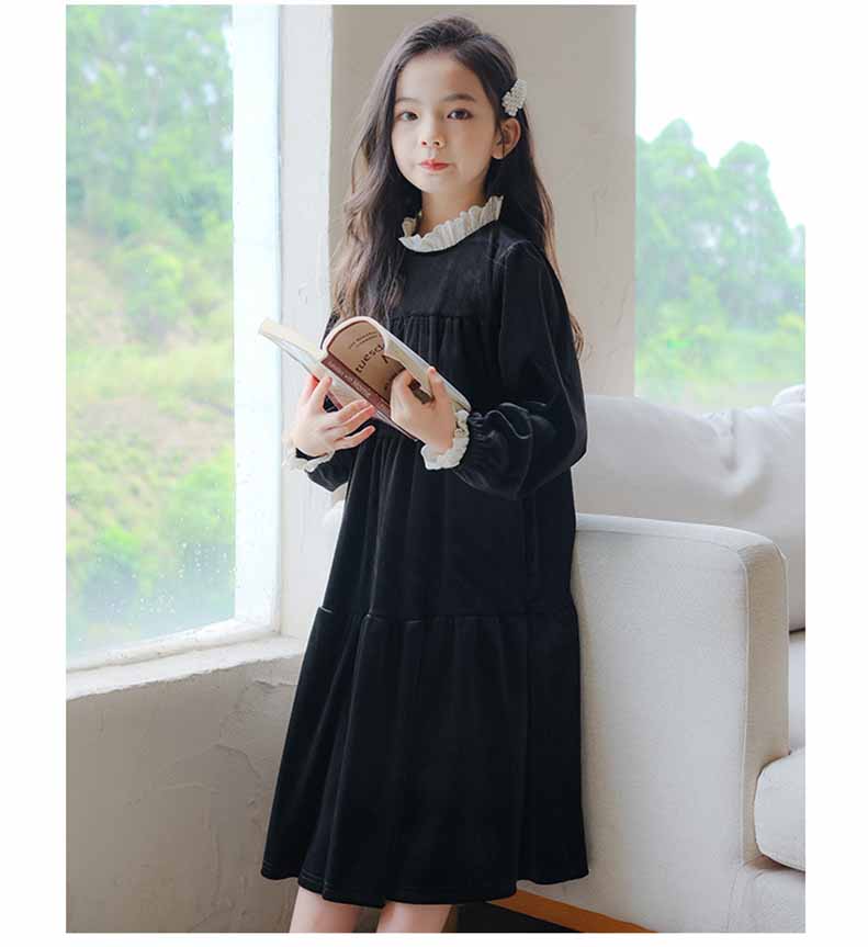 白襟長袖リラックスワンピースコットンキッズ ガールズ 女の子 女児 子供子供服120CM 130CM シンプル 140CM 冬 秋 ナチュラル 通学ゆったり 150CM 膝下丈 