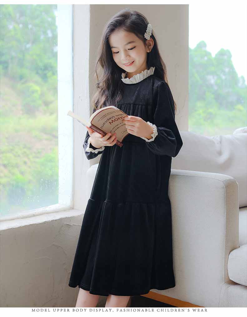 白襟長袖リラックスワンピースコットンキッズ ガールズ 女の子 女児 子供子供服120CM 130CM シンプル 140CM 冬 秋 ナチュラル 通学ゆったり 150CM 膝下丈 