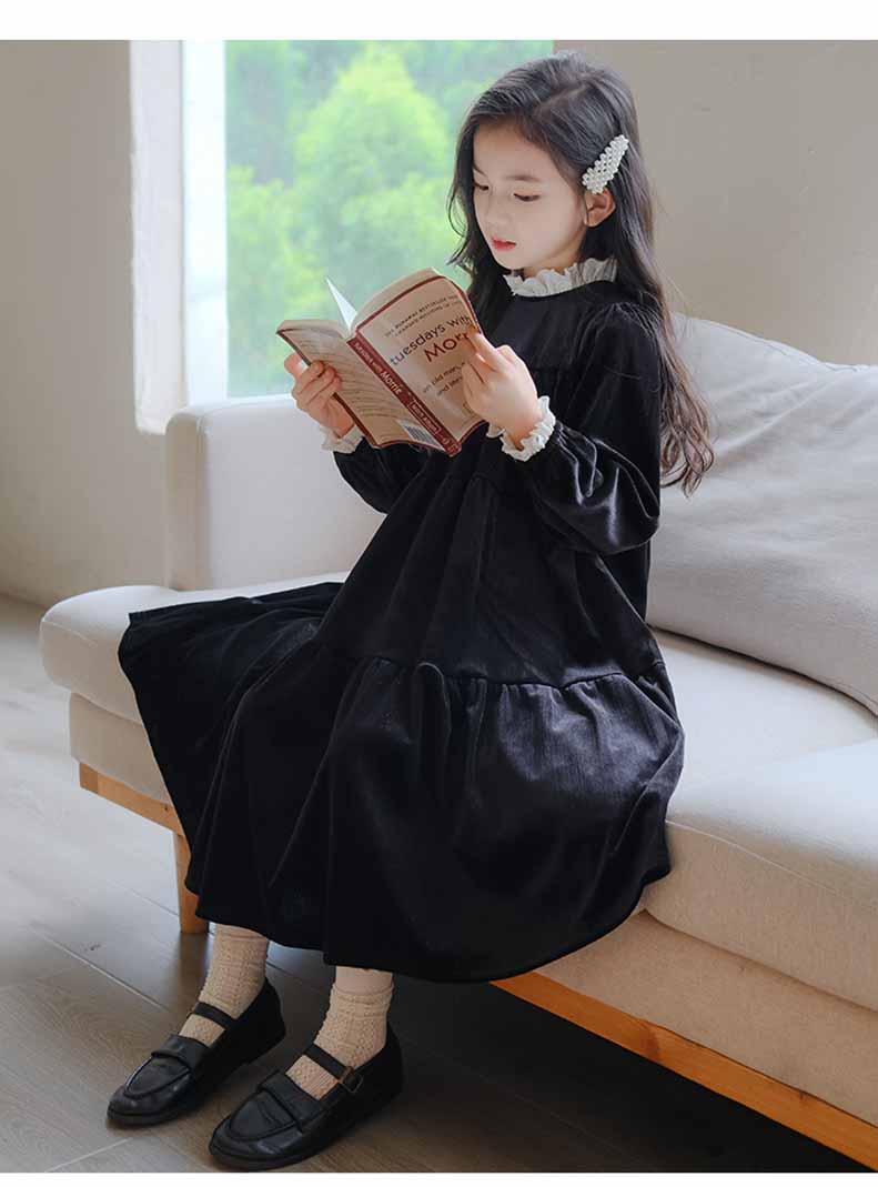 白襟長袖リラックスワンピースコットンキッズ ガールズ 女の子 女児 子供子供服120CM 130CM シンプル 140CM 冬 秋 ナチュラル 通学ゆったり 150CM 膝下丈 