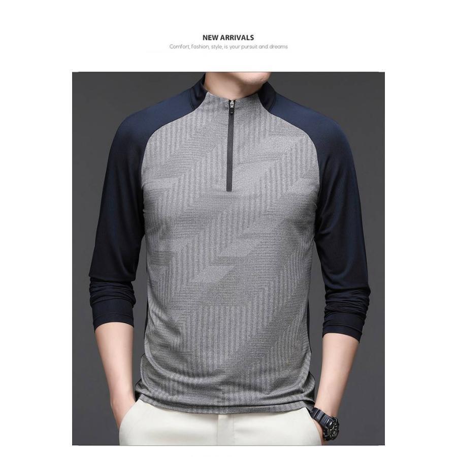 Tシャツ 長袖Tシャツ メンズ ボトルネック 通気性 弾力性 速乾性 長袖 ファスナー ストレッチ 配色 プルオーバー トップス 