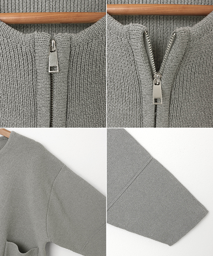スポンディッシュ ランタンスブ ジップ ニット カーディガン レディース 冬 オーバーサイズ 送料無料 総針編み 春 ノー アウトポケット 秋 