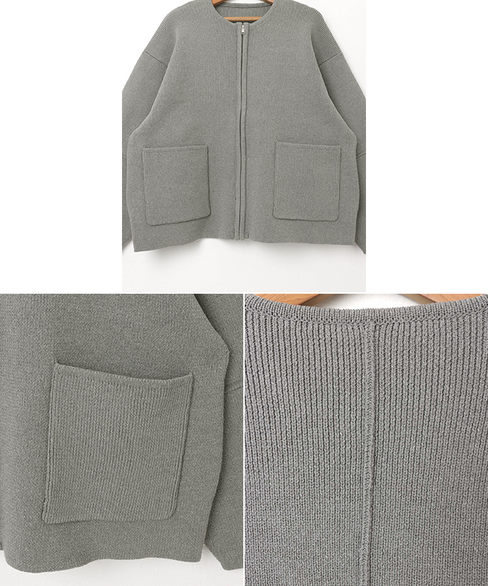 スポンディッシュ ランタンスブ ジップ ニット カーディガン レディース 冬 オーバーサイズ 送料無料 総針編み 春 ノー アウトポケット 秋 