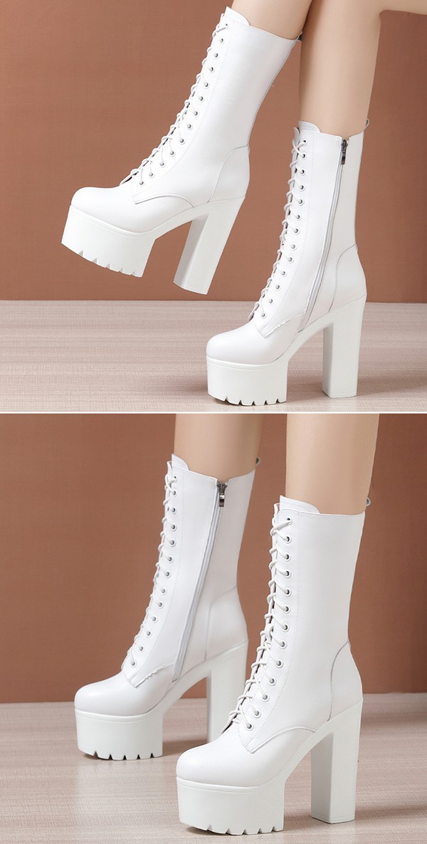 ロングブーツ 編み上げ 26.5 厚底ロングブーツ サイドジッパー レースアップブーツ 美脚 サイドジップ 大きいサイズ 婦人 靴 白 