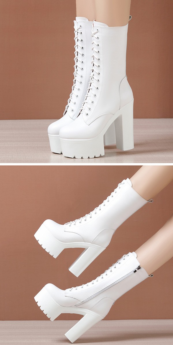 ロングブーツ 編み上げ 26.5 厚底ロングブーツ サイドジッパー レースアップブーツ 美脚 サイドジップ 大きいサイズ 婦人 靴 白 