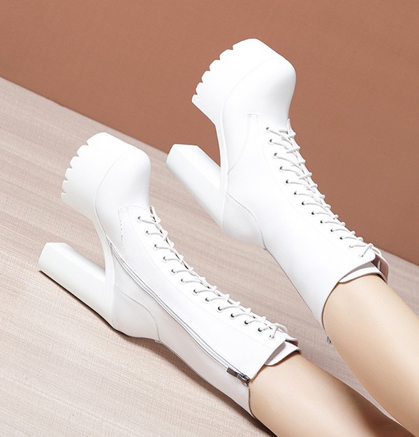 ロングブーツ 編み上げ 26.5 厚底ロングブーツ サイドジッパー レースアップブーツ 美脚 サイドジップ 大きいサイズ 婦人 靴 白 