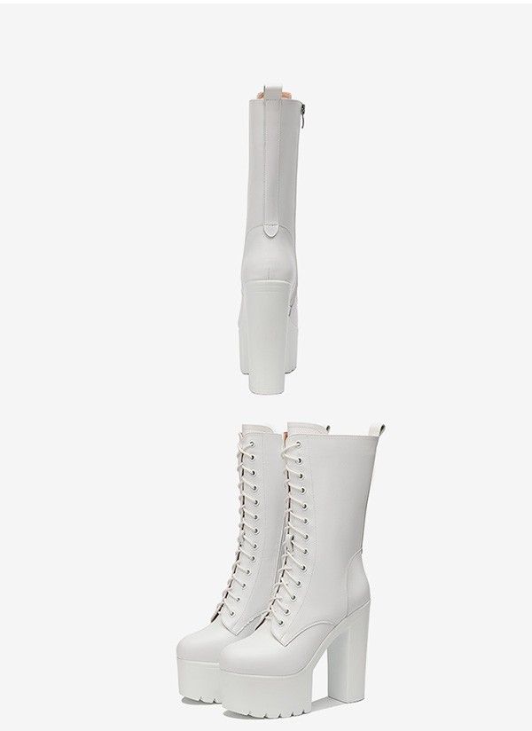 ロングブーツ 編み上げ 26.5 厚底ロングブーツ サイドジッパー レースアップブーツ 美脚 サイドジップ 大きいサイズ 婦人 靴 白 