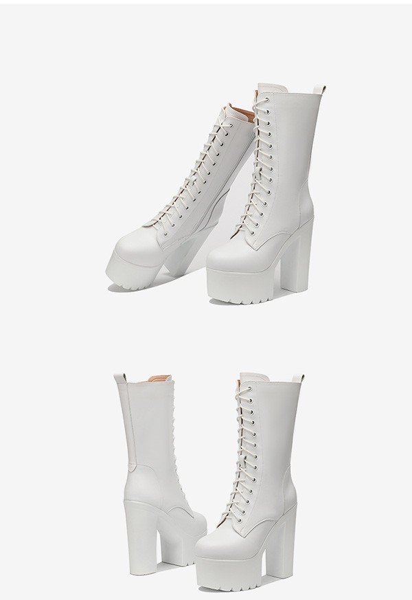 ロングブーツ 編み上げ 26.5 厚底ロングブーツ サイドジッパー レースアップブーツ 美脚 サイドジップ 大きいサイズ 婦人 靴 白 