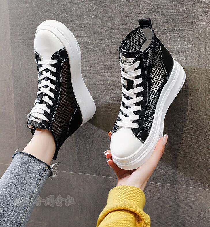 厚底スニーカー レースアップブーツ ハイカットスニーカー レディース 厚底靴 メッシュ軽量 6CM 通学靴 黒 通気性 靴 美脚 白 通勤 疲れない 