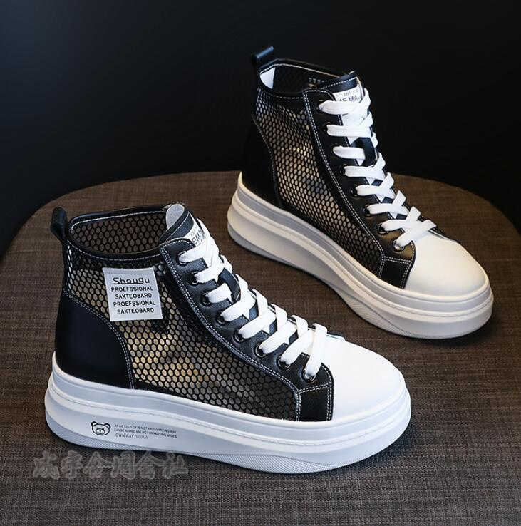 厚底スニーカー レースアップブーツ ハイカットスニーカー レディース 厚底靴 メッシュ軽量 6CM 通学靴 黒 通気性 靴 美脚 白 通勤 疲れない 