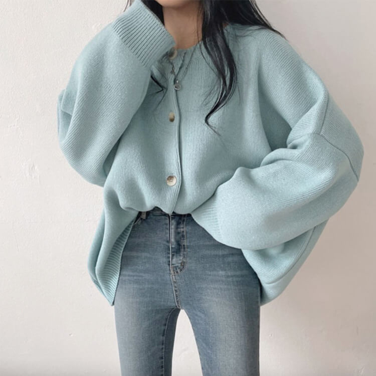 カーディガン レディース 韓国 アウター ニット ゆったり ドロップショルダー 無地 おしゃれ オーバーサイズ カジュアル シンプル クルーネック 