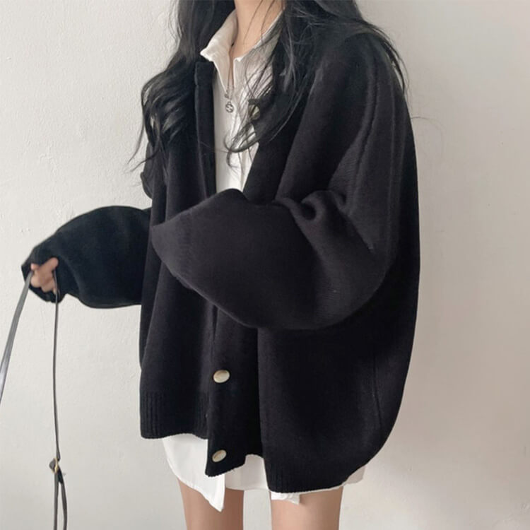 カーディガン レディース 韓国 アウター ニット ゆったり ドロップショルダー 無地 おしゃれ オーバーサイズ カジュアル シンプル クルーネック 