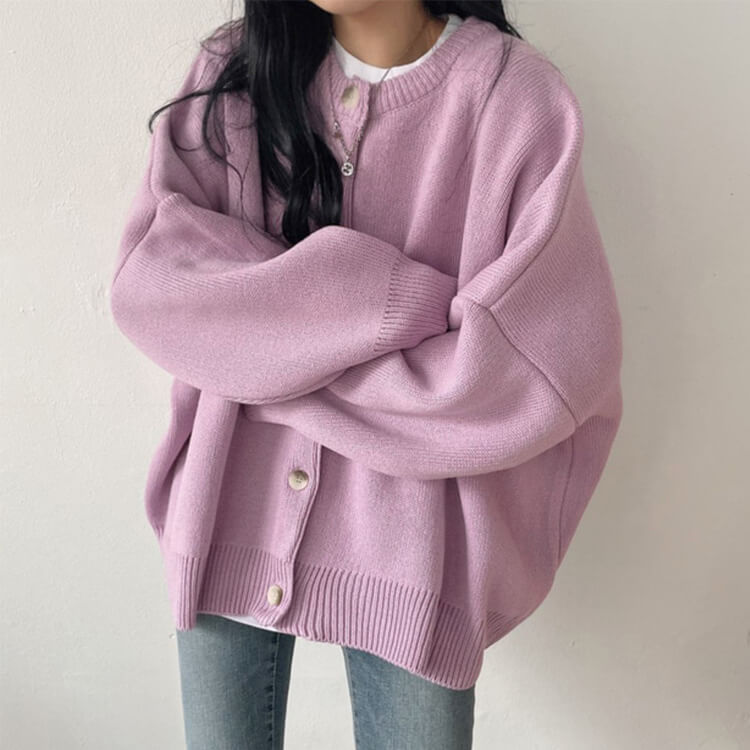 カーディガン レディース 韓国 アウター ニット ゆったり ドロップショルダー 無地 おしゃれ オーバーサイズ カジュアル シンプル クルーネック 