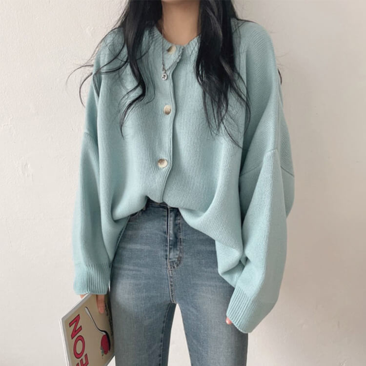 カーディガン レディース 韓国 アウター ニット ゆったり ドロップショルダー 無地 おしゃれ オーバーサイズ カジュアル シンプル クルーネック 