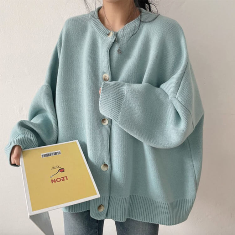 カーディガン レディース 韓国 アウター ニット ゆったり ドロップショルダー 無地 おしゃれ オーバーサイズ カジュアル シンプル クルーネック 