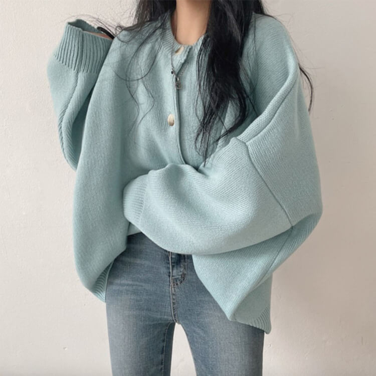 カーディガン レディース 韓国 アウター ニット ゆったり ドロップショルダー 無地 おしゃれ オーバーサイズ カジュアル シンプル クルーネック 