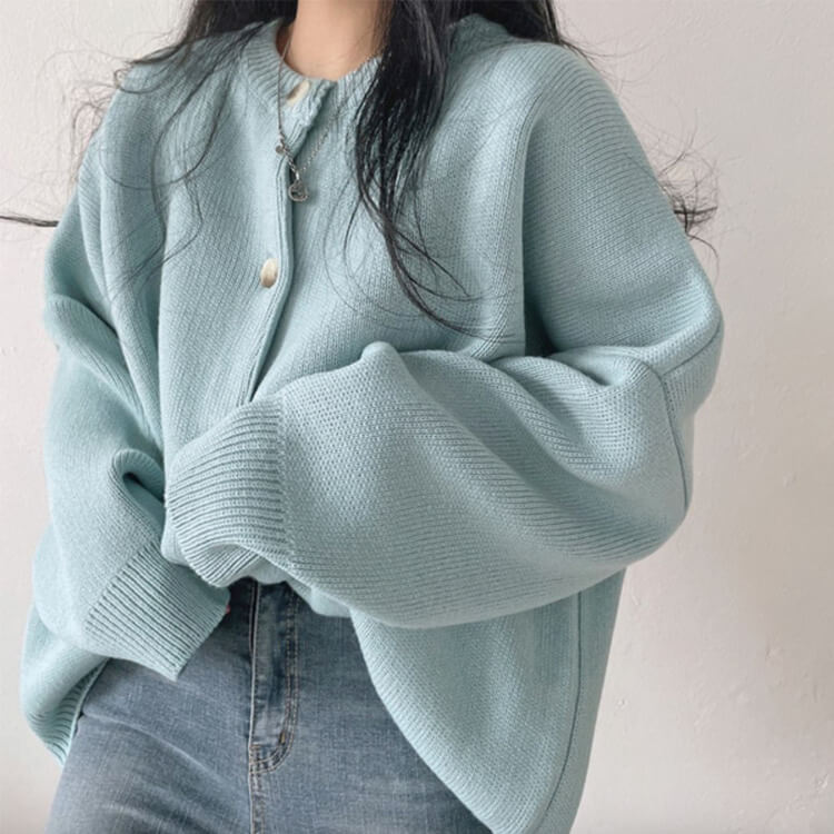 カーディガン レディース 韓国 アウター ニット ゆったり ドロップショルダー 無地 おしゃれ オーバーサイズ カジュアル シンプル クルーネック 