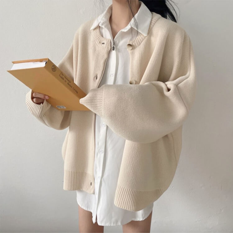 カーディガン レディース 韓国 アウター ニット ゆったり ドロップショルダー 無地 おしゃれ オーバーサイズ カジュアル シンプル クルーネック 