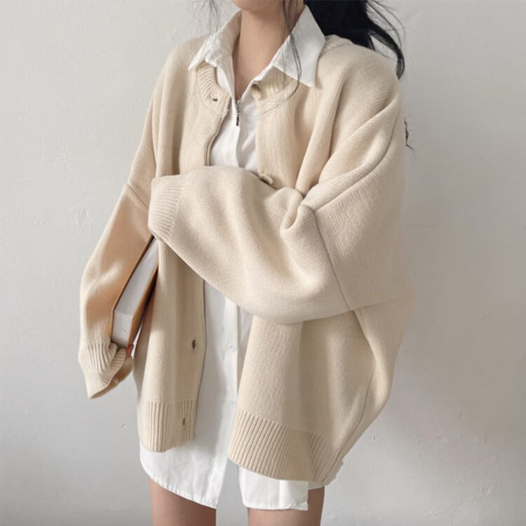 カーディガン レディース 韓国 アウター ニット ゆったり ドロップショルダー 無地 おしゃれ オーバーサイズ カジュアル シンプル クルーネック 
