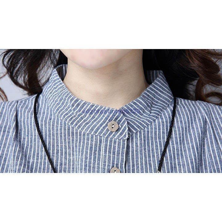 チュニック シャツ ワンピース シャツワンピース ストライプ柄 麻綿混紡 フロントボタン マリン風 薄手 涼しげ 