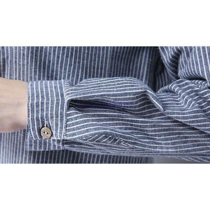 チュニック シャツ ワンピース シャツワンピース ストライプ柄 麻綿混紡 フロントボタン マリン風 薄手 涼しげ 