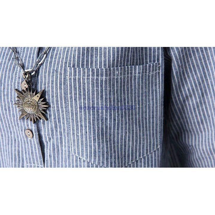 チュニック シャツ ワンピース シャツワンピース ストライプ柄 麻綿混紡 フロントボタン マリン風 薄手 涼しげ 