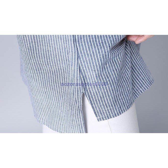 チュニック シャツ ワンピース シャツワンピース ストライプ柄 麻綿混紡 フロントボタン マリン風 薄手 涼しげ 