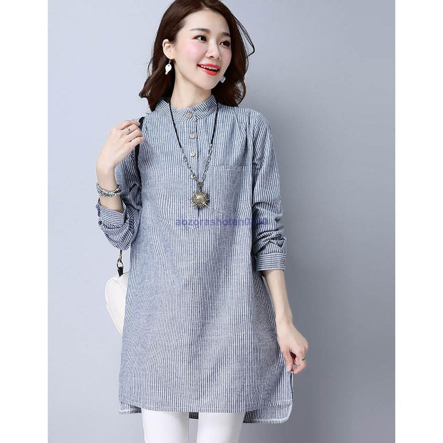 チュニック シャツ ワンピース シャツワンピース ストライプ柄 麻綿混紡 フロントボタン マリン風 薄手 涼しげ 
