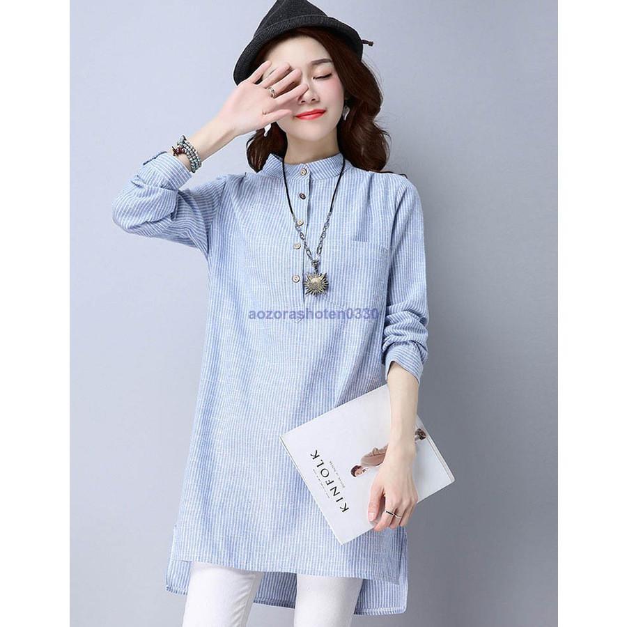 チュニック シャツ ワンピース シャツワンピース ストライプ柄 麻綿混紡 フロントボタン マリン風 薄手 涼しげ 