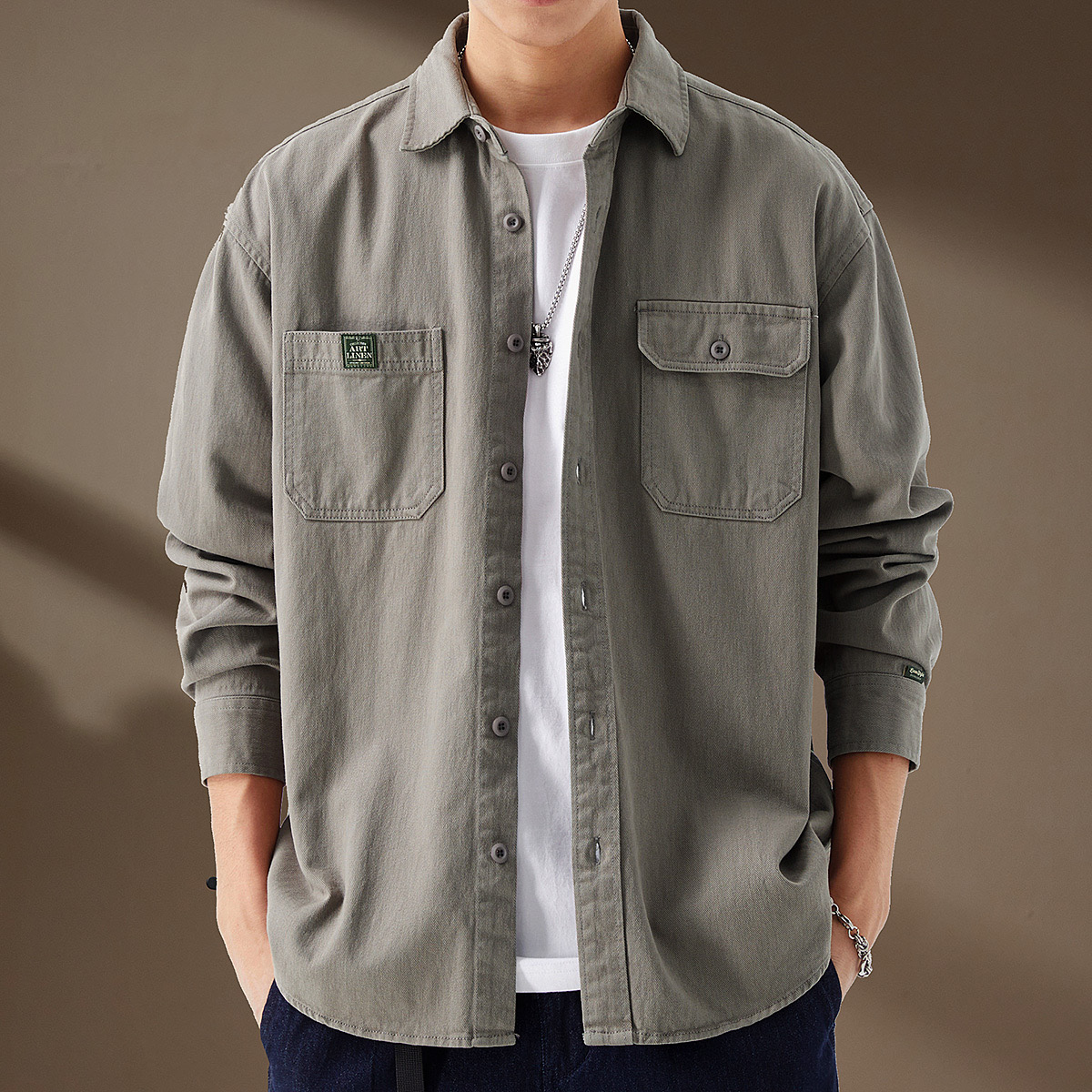 メンズ シャツ 長袖 カーゴシャツ 長袖シャツ 開襟シャツ ミリタリーシャツ 前開き トップス カジュアルシャツ 大きいサイズ 通気 アウター 春秋 快適 無地 