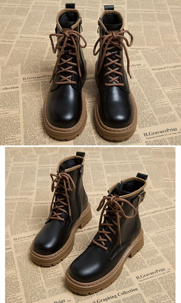ショートブーツ レディース 歩きやすい レースアップ 編み上げ サイドジップ 厚底 ラウンドトゥ 履きやすい 防寒ワークブーツ 黒 