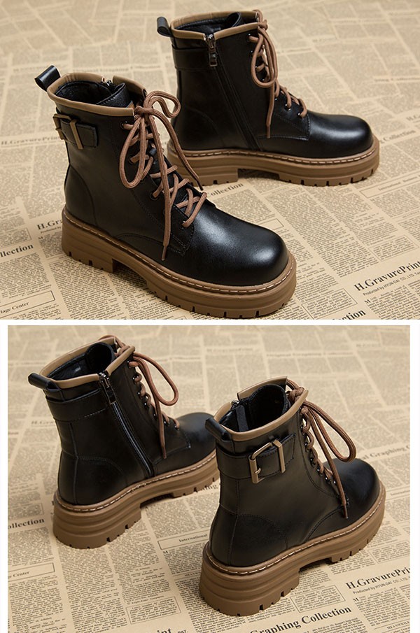 ショートブーツ レディース 歩きやすい レースアップ 編み上げ サイドジップ 厚底 ラウンドトゥ 履きやすい 防寒ワークブーツ 黒 