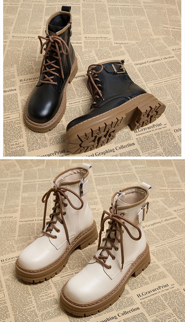 ショートブーツ レディース 歩きやすい レースアップ 編み上げ サイドジップ 厚底 ラウンドトゥ 履きやすい 防寒ワークブーツ 黒 