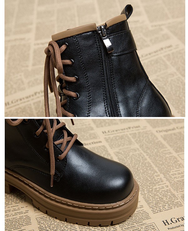 ショートブーツ レディース 歩きやすい レースアップ 編み上げ サイドジップ 厚底 ラウンドトゥ 履きやすい 防寒ワークブーツ 黒 