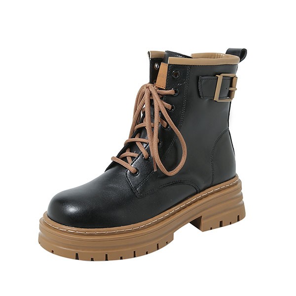 ショートブーツ レディース 歩きやすい レースアップ 編み上げ サイドジップ 厚底 ラウンドトゥ 履きやすい 防寒ワークブーツ 黒 