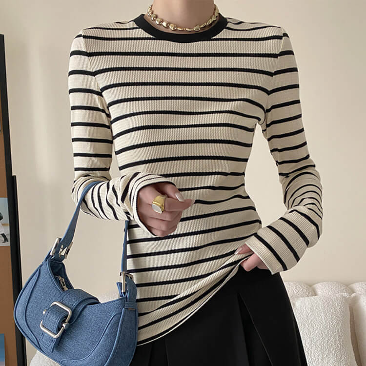 Ｔシャツ レディース 長袖 韓国 トップス ボーダー ロンＴ シンプル 定番 クルーネック バイワッフル フィット 柄 おしゃれ 