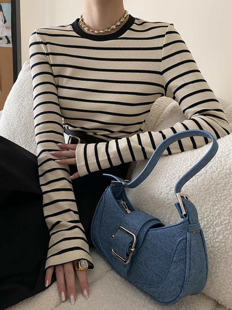 Ｔシャツ レディース 長袖 韓国 トップス ボーダー ロンＴ シンプル 定番 クルーネック バイワッフル フィット 柄 おしゃれ 