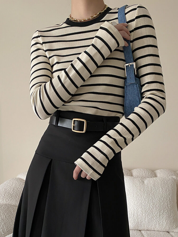 Ｔシャツ レディース 長袖 韓国 トップス ボーダー ロンＴ シンプル 定番 クルーネック バイワッフル フィット 柄 おしゃれ 