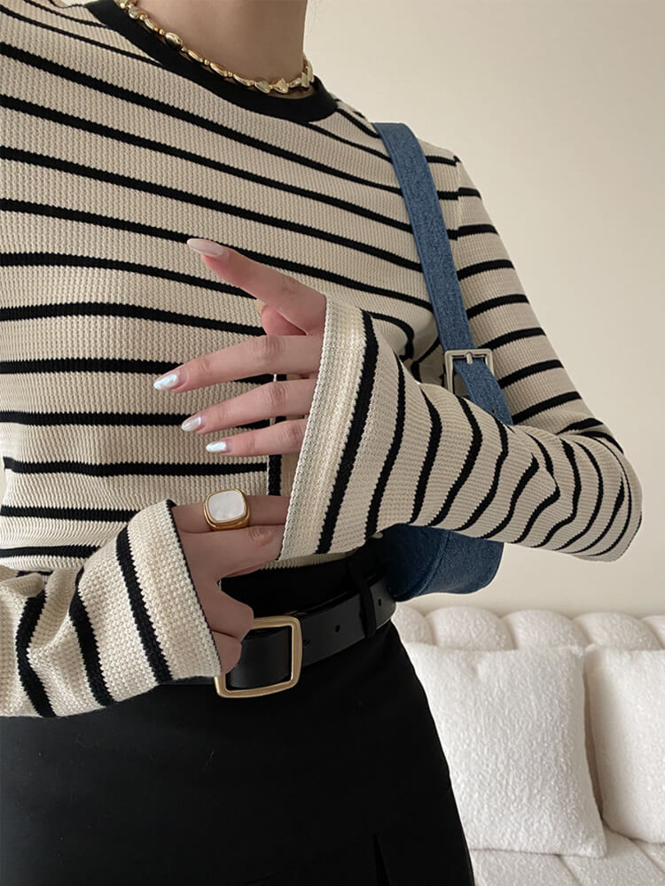 Ｔシャツ レディース 長袖 韓国 トップス ボーダー ロンＴ シンプル 定番 クルーネック バイワッフル フィット 柄 おしゃれ 