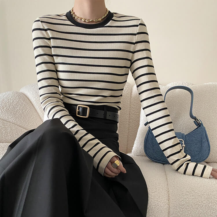 Ｔシャツ レディース 長袖 韓国 トップス ボーダー ロンＴ シンプル 定番 クルーネック バイワッフル フィット 柄 おしゃれ 