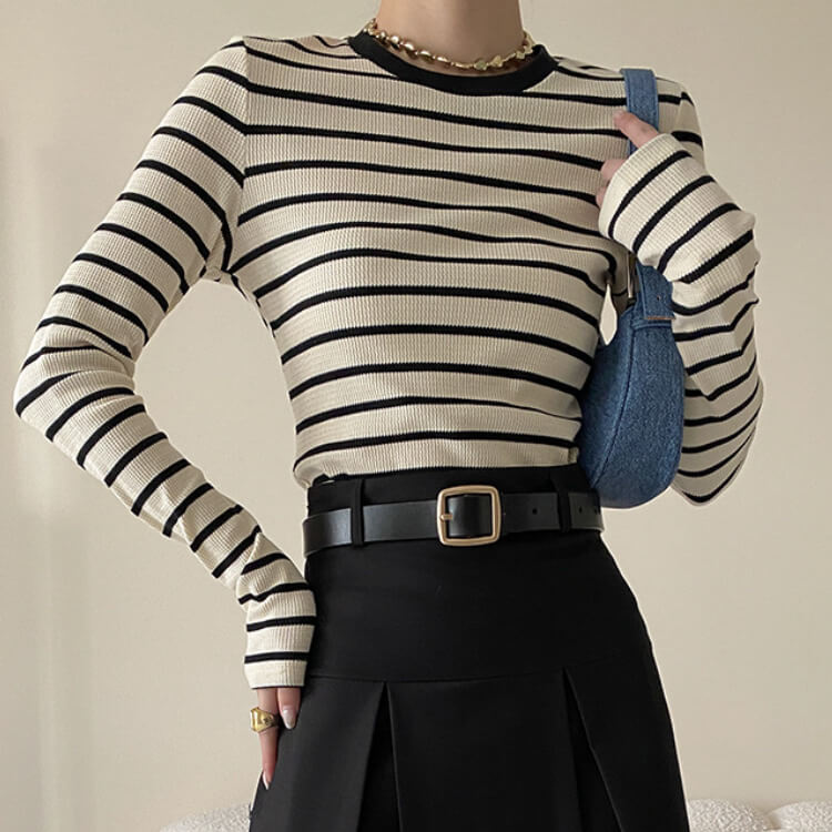 Ｔシャツ レディース 長袖 韓国 トップス ボーダー ロンＴ シンプル 定番 クルーネック バイワッフル フィット 柄 おしゃれ 