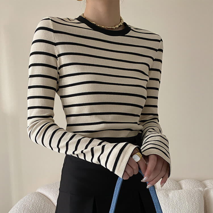 Ｔシャツ レディース 長袖 韓国 トップス ボーダー ロンＴ シンプル 定番 クルーネック バイワッフル フィット 柄 おしゃれ 