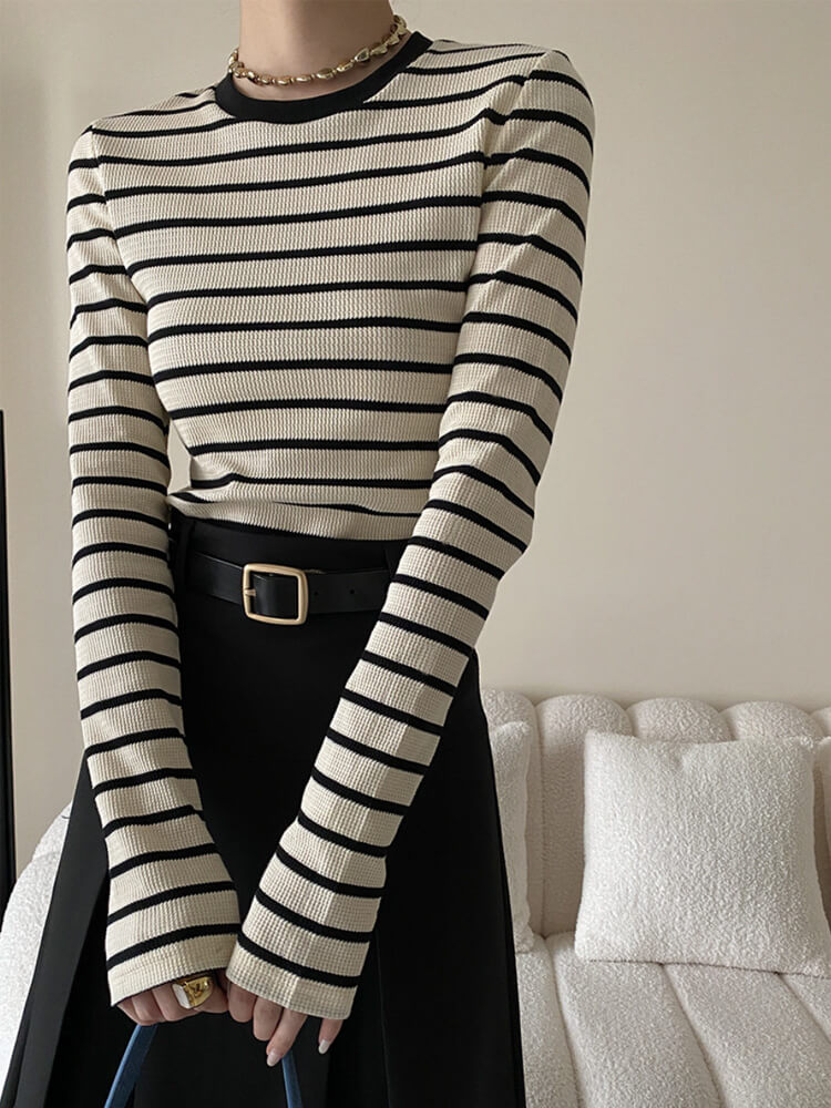 Ｔシャツ レディース 長袖 韓国 トップス ボーダー ロンＴ シンプル 定番 クルーネック バイワッフル フィット 柄 おしゃれ 