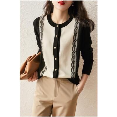 ウール混 ニット カーディガン セーター レース トップス ブラック 可愛い 配色 バイおしゃれ フェミニン エレきれいめ レディース カジュアル 