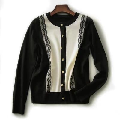 ウール混 ニット カーディガン セーター レース トップス ブラック 可愛い 配色 バイおしゃれ フェミニン エレきれいめ レディース カジュアル 