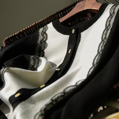 ウール混 ニット カーディガン セーター レース トップス ブラック 可愛い 配色 バイおしゃれ フェミニン エレきれいめ レディース カジュアル 